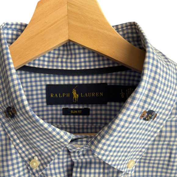 Polo Ralph Lauren Men's Polo Bear Gingham Cotton Shirt Sz L Slim Fit Embroidered - Picture 7 of 11